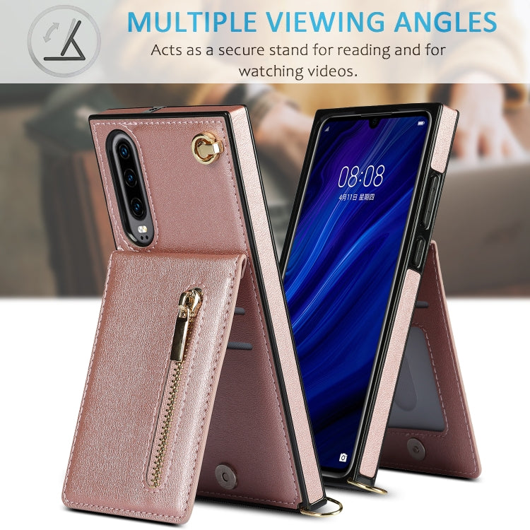 Para Huawei P30 Cross-Body Zipper Square TPU + PU Funda trasera con soporte y tragamonedas de tarjetas y billetera y correa (oro rosa)
