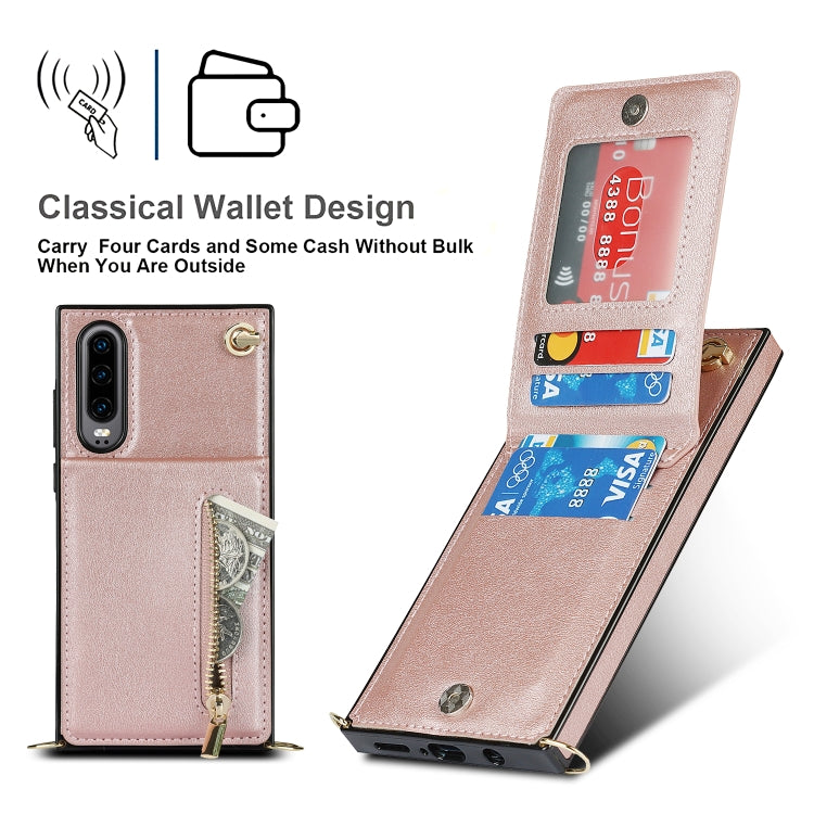 Para Huawei P30 Cross-Body Zipper Square TPU + PU Funda trasera con soporte y tragamonedas de tarjetas y billetera y correa (oro rosa)