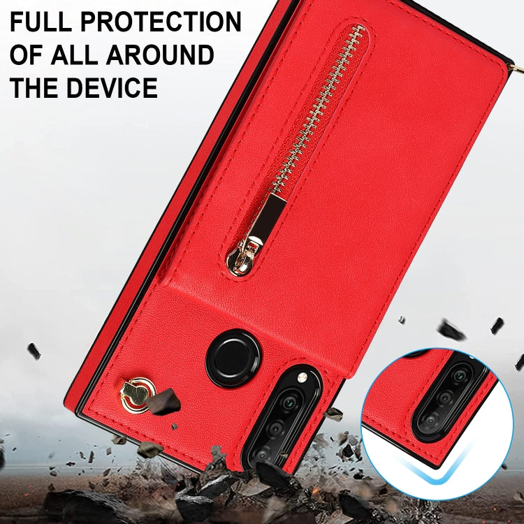 Para Huawei P30 Lite Cruz Cross-Body Square TPU + PU Funda trasera con soporte y ranuras para tarjetas y billetera y correa (rojo)