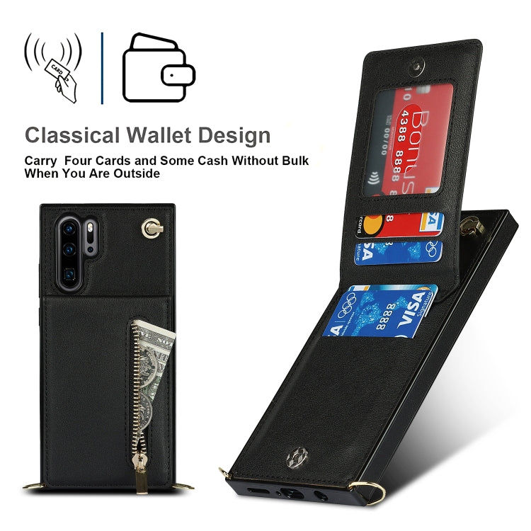 Para Huawei P30 Pro Cross-Body Zipper Square TPU + PU Funda trasera con soporte y tragamonedas y billetera y correa (Negro)