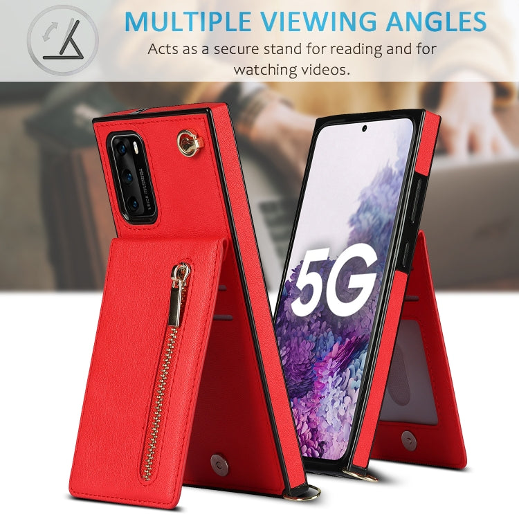 Para Huawei P40 Cross-Body Zipper Square TPU + PU Funda trasera con soporte y tragamonedas y billetera y correa (rojo)