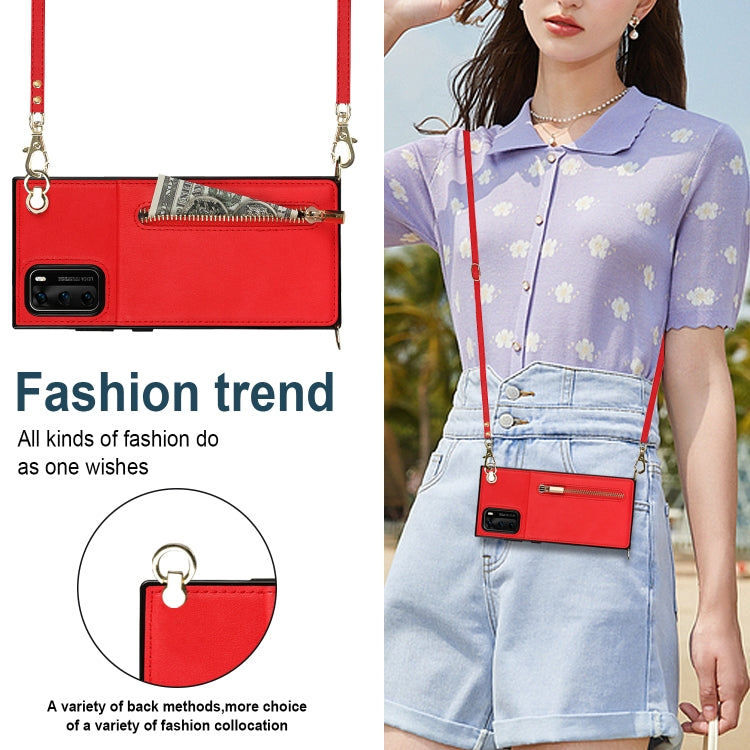 Para Huawei P40 Cross-Body Zipper Square TPU + PU Funda trasera con soporte y tragamonedas y billetera y correa (rojo)