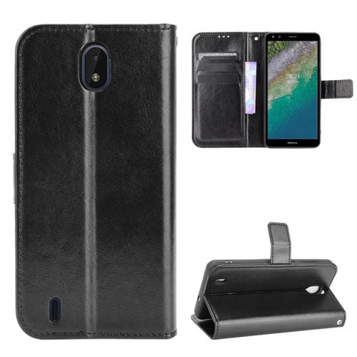 Para Nokia C01 Plus Crazy Horse Texture Horizontal Flip Funda de cuero con soporte y ranuras para tarjetas y cordón (negro)