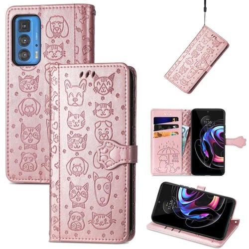 Funda de Cuero Motorola Edge 20 Pro con Soporte, Ranuras y Cordón (Oro Rosa)