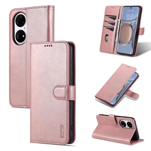 Para Huawei P50 Pro AZNS Siente la piel de la piel de la piel de la carne de cuero Horizontal Flip Funda con ranuras y soporte para tarjetas y billetera (oro rosa)