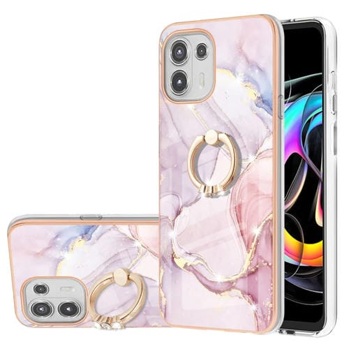 Funda TPU Motorola Moto Edge 20 Lite Patrón Mármol Electrochaplating Soporte Anillo (Oro Rosa)