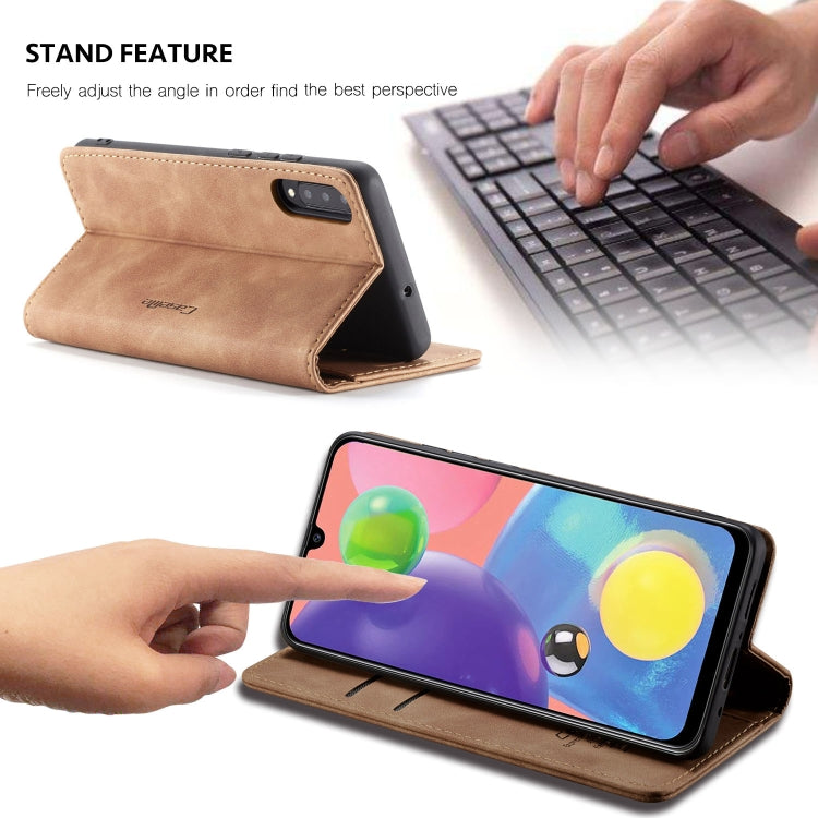 Estuche de cuero Caseme-013 para Galaxy A70S con tapa horizontal multifuncional ranura para tarjeta soporte y billetera (Marrón)