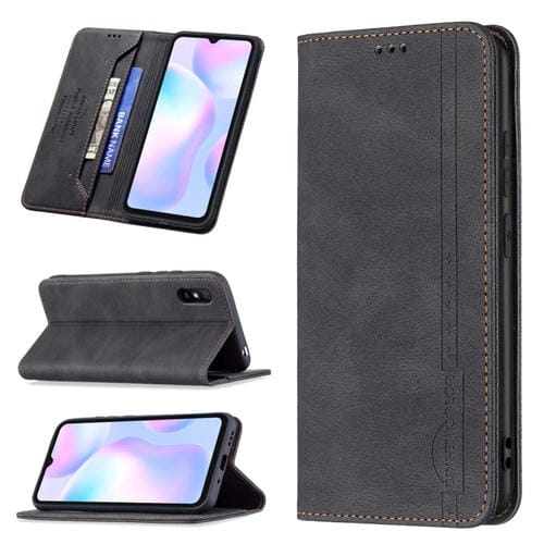 Para Xiaomi Redmi 9A Bloqueo de RFID Magnetic Blocking Funda de cuero antirrobo con soporte y ranuras para tarjeta y billetera (Negro)