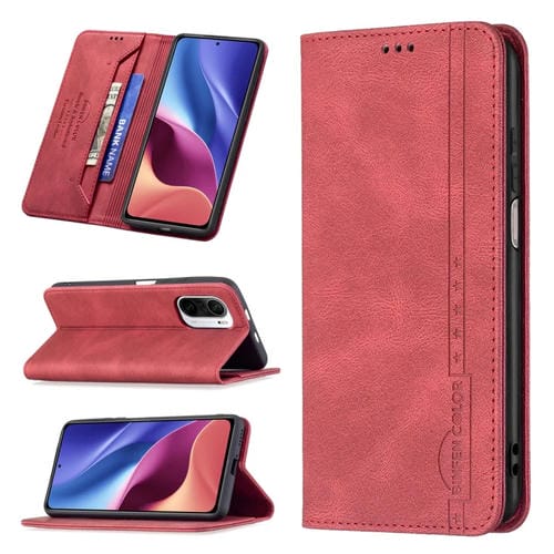 Para Xiaomi MI 11i / POCO F3 / REDMI K40 / K40 Pro Bloqueo de RFID Magnetic Blocking Funda de cuero antirrobo con soporte y ranuras para tarjeta y billetera (rojo)