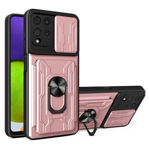 Funda para Samsung Galaxy A22 4G Sliding Camshield Card Clea de Teléfono (Oro Rosa)