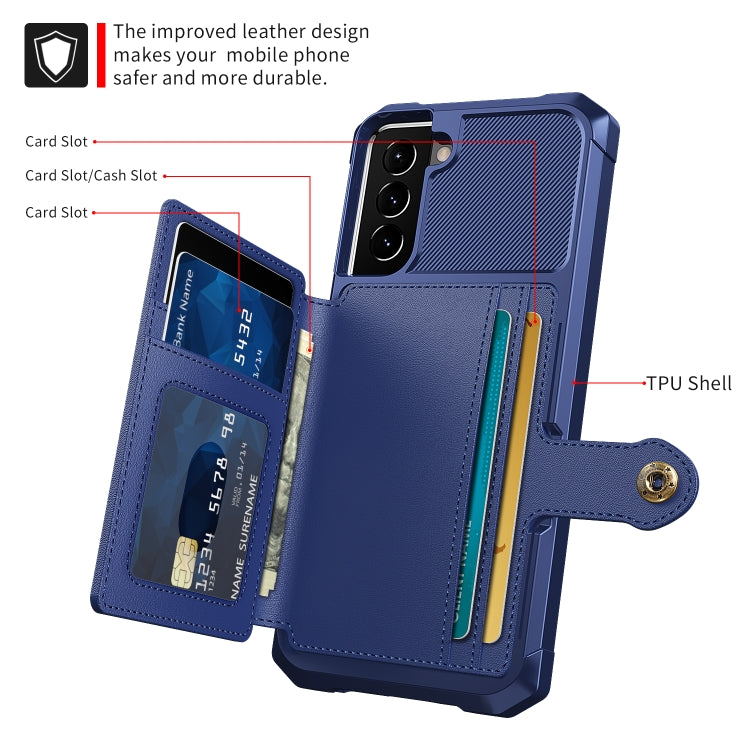 Para Samsung Galaxy S21 Fe 5G Bolsa de Tarjeta Magnética Magnínica Caja del teléfono de cuero (azul marino)