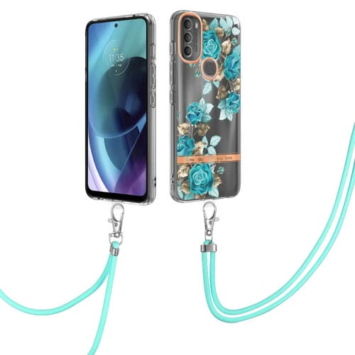 Para la caja TPU de la serie 5G Flowers Motorola G71 G71 con Lanyard (Blue Rose)