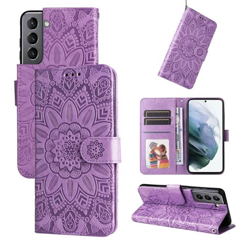 Para Samsung Galaxy S21 5G Estuche para teléfono de cuero con estampado de girasol en relieve (púrpura)