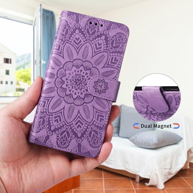 Para Samsung Galaxy S21 5G Estuche para teléfono de cuero con estampado de girasol en relieve (púrpura)