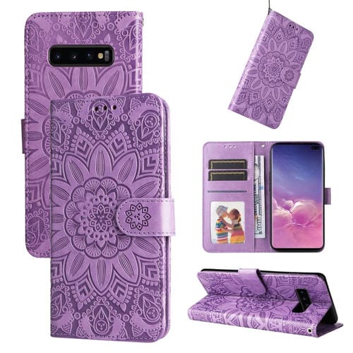 Para Samsung Galaxy S10+ Estuche para teléfono de cuero con estampado de girasol en relieve (púrpura)
