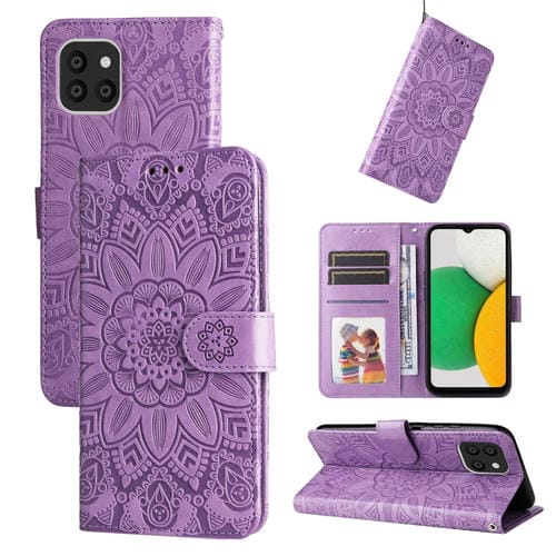 Funda de teléfono Samsung Galaxy A03 Global 164mm cuero con estampado de girasol en relieve (Púrpura)