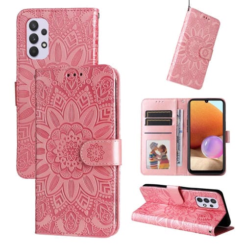 Funda de Teléfono Samsung Galaxy A32 4G Cuero Estampado Girasol En Relieve (Rosa)