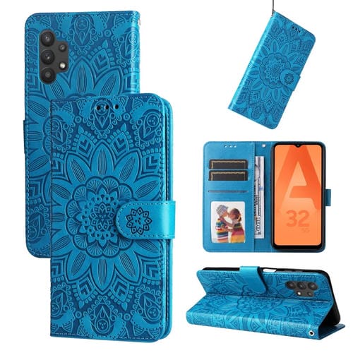 Para Samsung Galaxy A32 5G Estuche para teléfono de cuero con estampado de girasol en relieve (Azul)