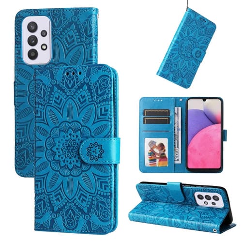 Para Samsung Galaxy A52 4G / 5G Funda de teléfono de cuero con estampado de girasol en relieve (Azul)
