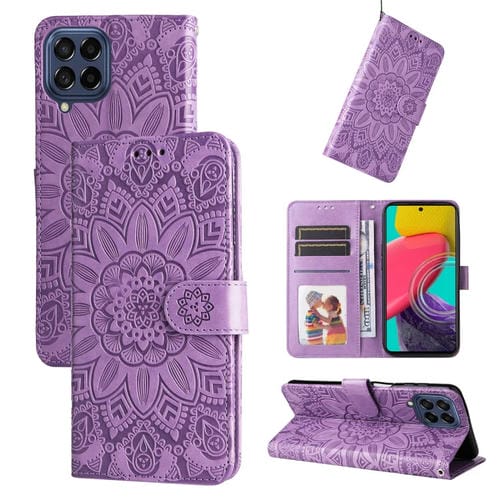 Para Samsung Galaxy M53 5G Estuche para teléfono de cuero con estampado de girasol en relieve (púrpura)