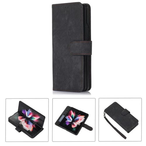 Funda de Cuero para Samsung Galaxy Z Fold3 5G con Tapa Horizontal y Ranura para Bolígrafo (Negro)