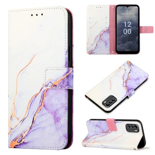 Para Nokia G60 5G PT003 Patrón de mármol Funda de cuero con tapa para teléfono (Blanco Púrpura LS006)