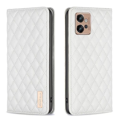 Funda de Teléfono Motorola Moto G32 4G con Tapa de Cuero Magnético y Diseño Diamond Lattice (Blanco)