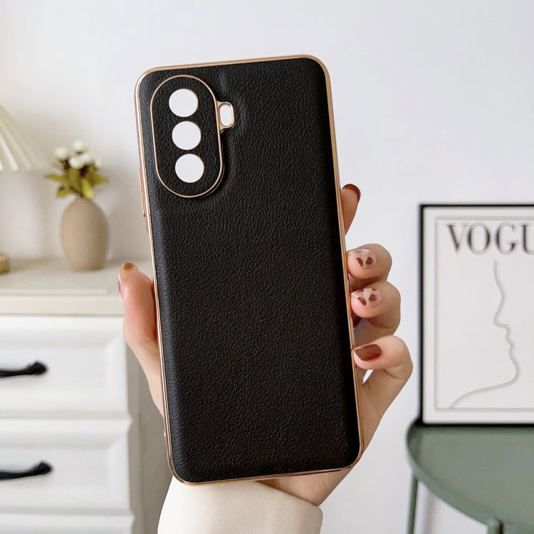 Funda de Cuero Genuino Huawei Enjoy 50 Nova Y70 Plus Nova Y70 4G Waves Series Nano Galvanoplastia (Negro)