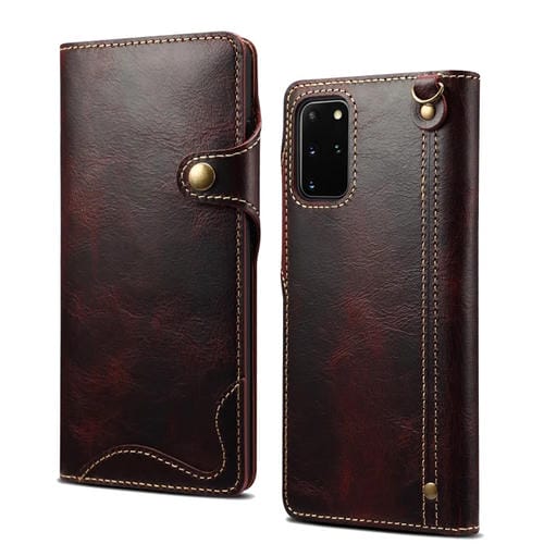 Para Samsung Galaxy S20 Ultra Denior Oil Wax Cowhide Botón magnético Funda de cuero genuino (Rojo oscuro)