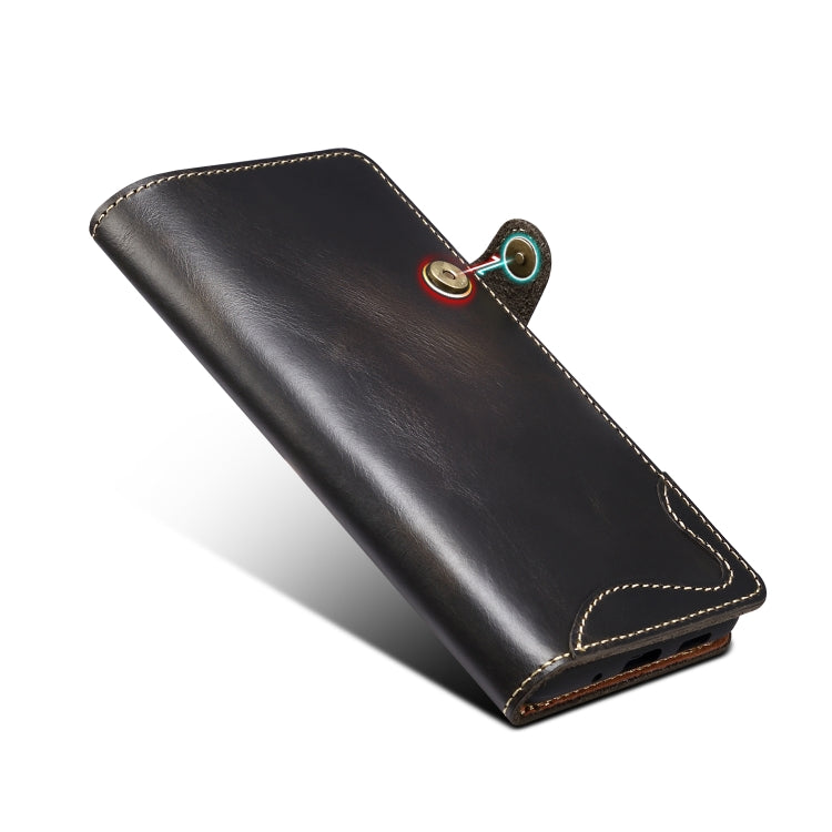Para Samsung Galaxy Note20 Denior Oil Wax Cowhide Botón magnético Funda de cuero genuino (Negro)
