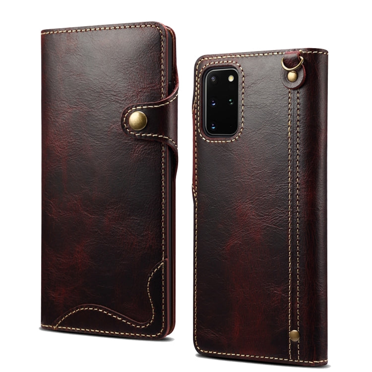 Para Samsung Galaxy Note20 Denior Oil Wax Cowhide Botón magnético Funda de cuero genuino (Rojo oscuro)