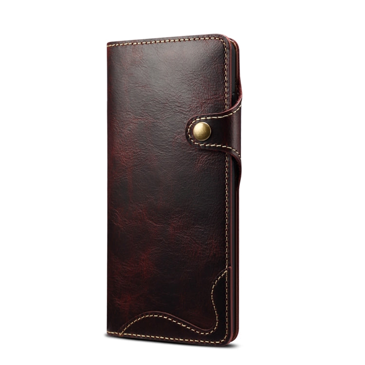 Para Samsung Galaxy Note20 Denior Oil Wax Cowhide Botón magnético Funda de cuero genuino (Rojo oscuro)
