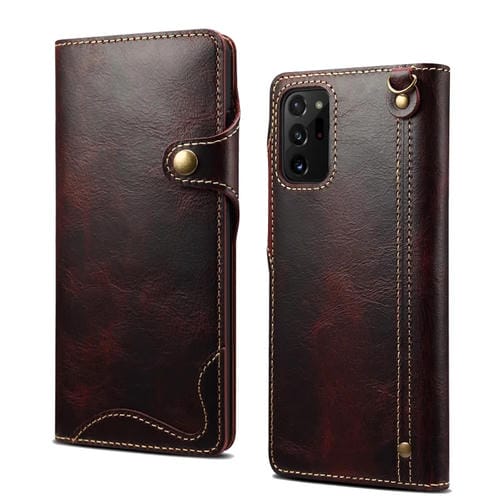 Para Samsung Galaxy Note20 Ultra Denior Oil Wax Cowhide Botón magnético Funda de cuero genuino (Rojo oscuro)