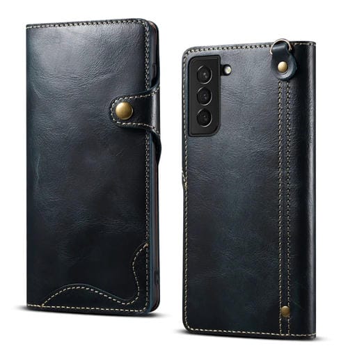 Para Samsung Galaxy S21 5G Denior Oil Wax Cowhide Botón magnético Funda de cuero genuino (Azul oscuro)