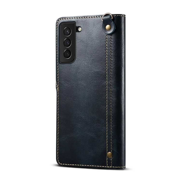 Para Samsung Galaxy S21 5G Denior Oil Wax Cowhide Botón magnético Funda de cuero genuino (Azul oscuro)
