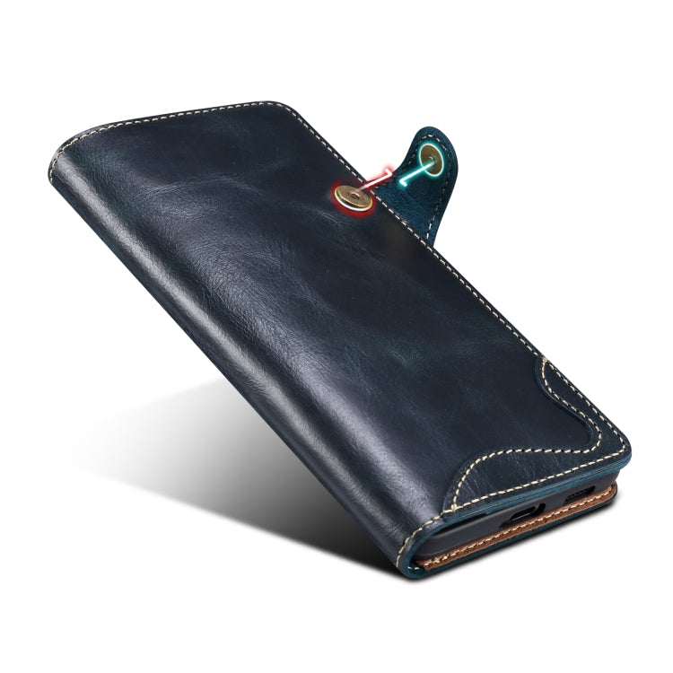 Para Samsung Galaxy S21+ 5G Denior Oil Wax Cowhide Botón magnético Funda de cuero genuino (Azul oscuro)
