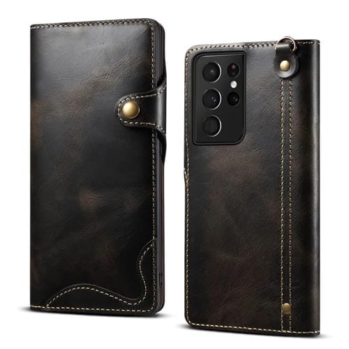 Para Samsung Galaxy S21 Ultra 5G Denior Oil Wax Cowhide Botón magnético Funda de cuero genuino (Negro)