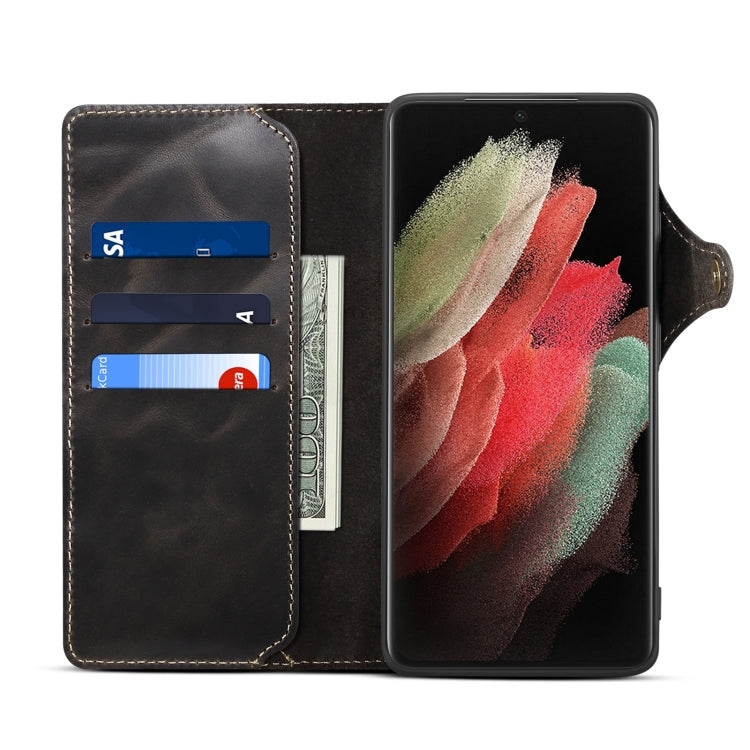 Para Samsung Galaxy S21 Ultra 5G Denior Oil Wax Cowhide Botón magnético Funda de cuero genuino (Negro)