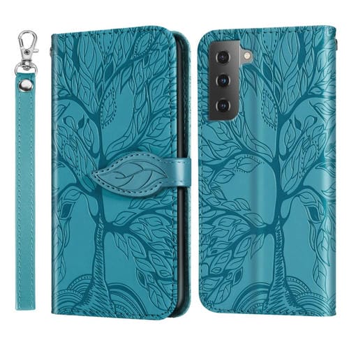 Para Samsung Galaxy S23 5G Life Tree Relieve Patrón Funda de cuero para teléfono (Azul)