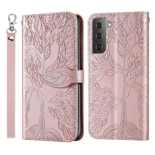 Para Samsung Galaxy S23 5G Life Tree Relieve Patrón Funda de cuero para teléfono (Oro rosa)