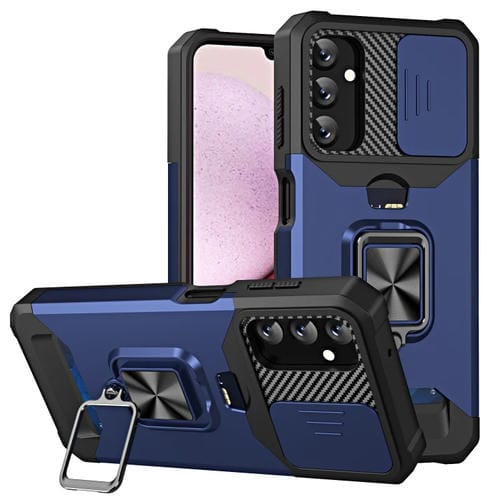 Estuche deslizante para Samsung Galaxy A14 5G Camshield con soporte para anillo y ranura para tarjeta (Azul)