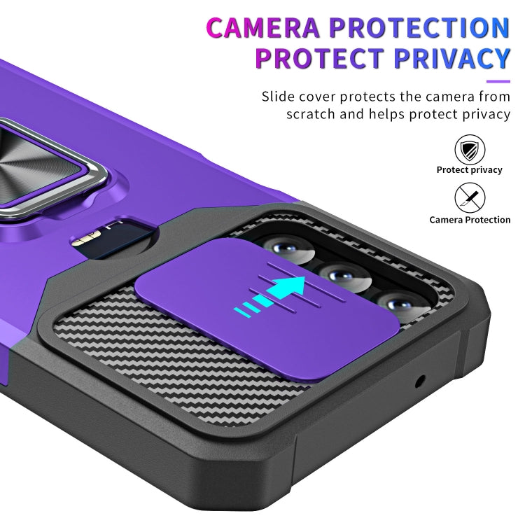 Estuche Deslizante Samsung Galaxy A14 5G Camshield con Soporte y Ranura para Tarjeta (Púrpura)