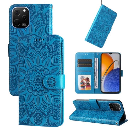 Para Huawei nova Y61 Funda de teléfono de cuero con estampado de girasol en relieve (Azul)