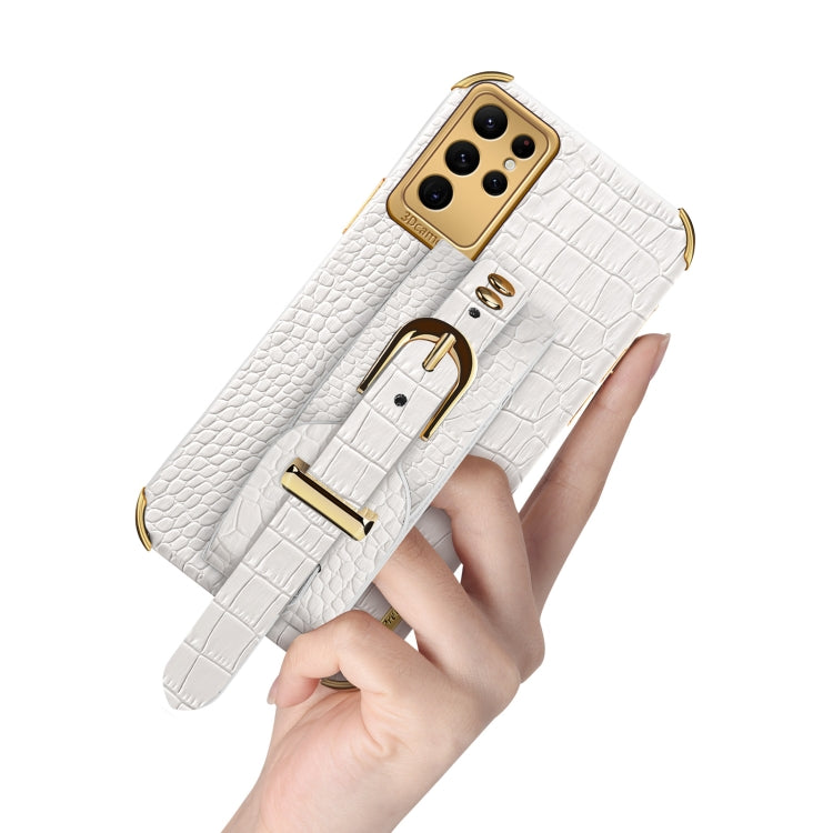 Para Samsung Galaxy S23 Ultra 5G Estuche de cuero con patrón de cocodrilo de TPU galvanizado con correa para la muñeca (Amarillo)