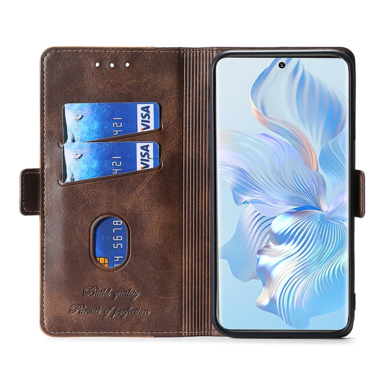 Funda de Cuero para Huawei Nova 10 Se con Hebilla Lateral y Color de Contraste (Marrón Oscuro + Dorado)