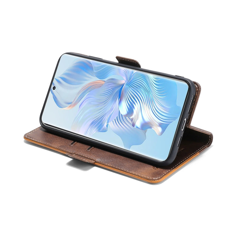 Funda de Cuero para Huawei Nova 10 Se con Hebilla Lateral y Color de Contraste (Marrón Oscuro + Dorado)
