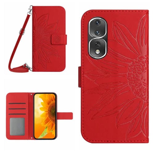 Funda de Cuero Honor 80 Pro HT04 Skin Feel Sun Flower con Tapa y Cordón (Rojo)