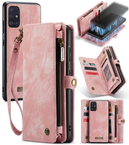 Para Samsung Galaxy A71 4G CaseMe-008 Funda de cuero con tapa horizontal multifuncional desmontable con ranura para tarjeta y soporte y billetera con cremallera y marco de fotos (rosa)