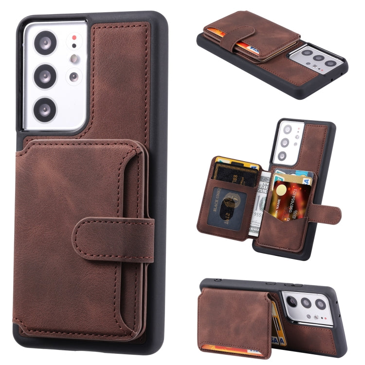 Para Samsung Galaxy S21 Ultra 5G Skin Feel Dream Cepillo antirrobo a prueba de golpes Estuche portátil para tarjeta de piel (café)