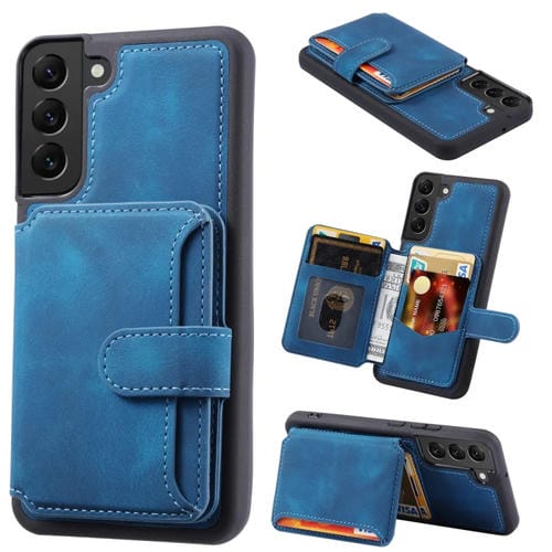 Para Samsung Galaxy S22 + 5G Skin Feel Dream Cepillo antirrobo a prueba de golpes Funda portátil para tarjeta de piel Funda para teléfono (Azul pavo real)